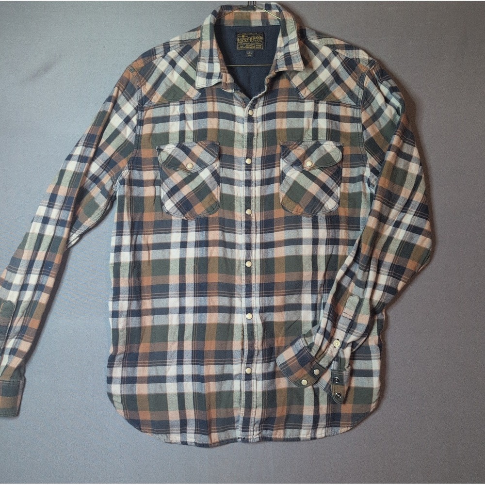 Lucky Brand Flannel Shirt Mens L Saturday Stretch Western Pearl Snap Plaid